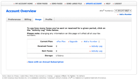 fax pages limit of efax