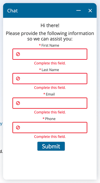 MyFax customer support page showing a contact form labeled as live chat but requiring submission for email follow-up.