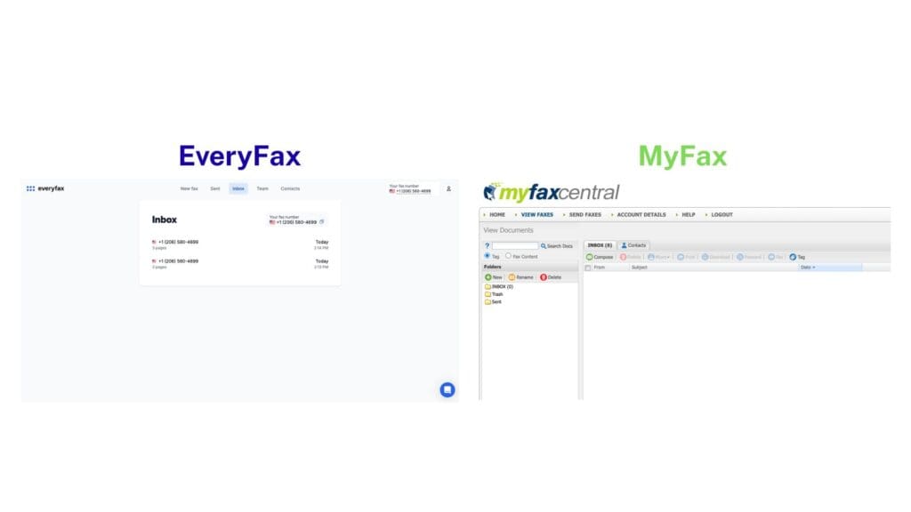 Side-by-side comparison of MyFax and EveryFax menu interfaces highlighting layout and feature differences.