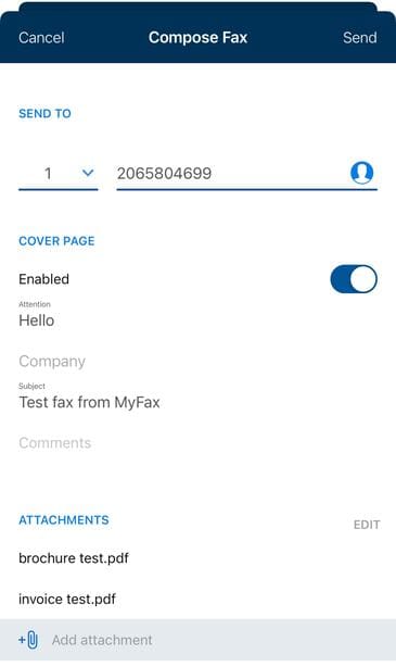 Mobile app screen of MyFax showing the send fax feature with options to add recipients, attach documents, and send.