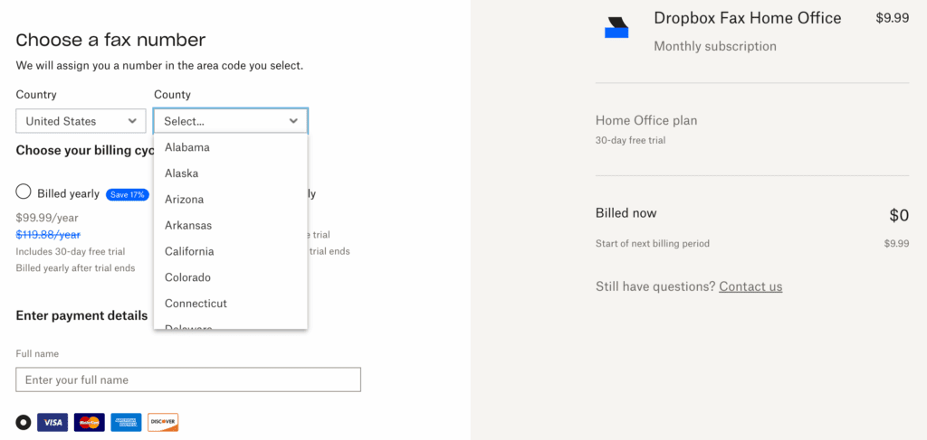 choosing a fax number and subscribing to a free trial