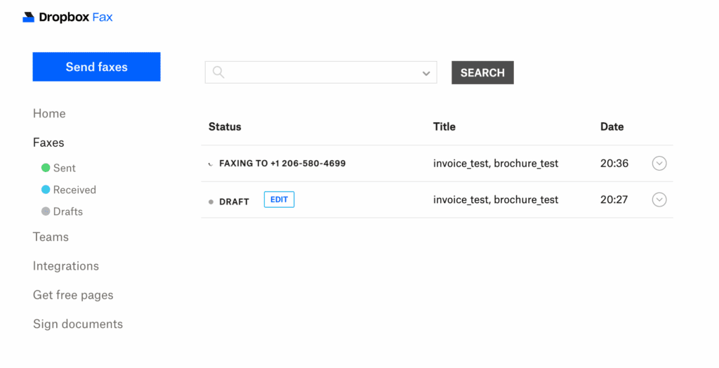 dropbox fax status page