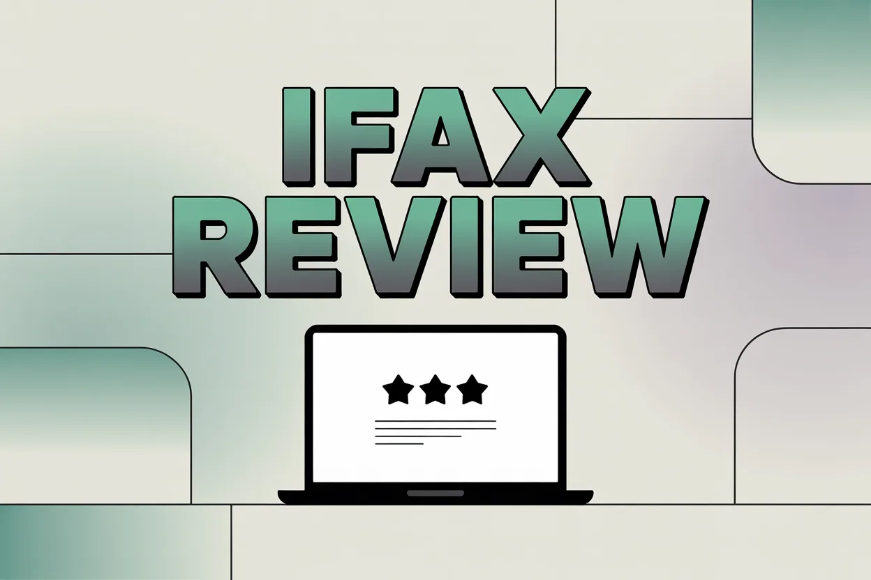 A sleek poster design featuring the words "ifax review" in a bold, modern font against a gradient background. The text is centered and rendered in a vibrant teal color that fades to a soft gray at the bottom. Below the text, a stylized, minimalist illustration of a laptop screen displays a three-star rating system, emphasizing a positive review experience. The background features subtle, abstract geometric shapes in muted tones, creating a clean and professional aesthetic.