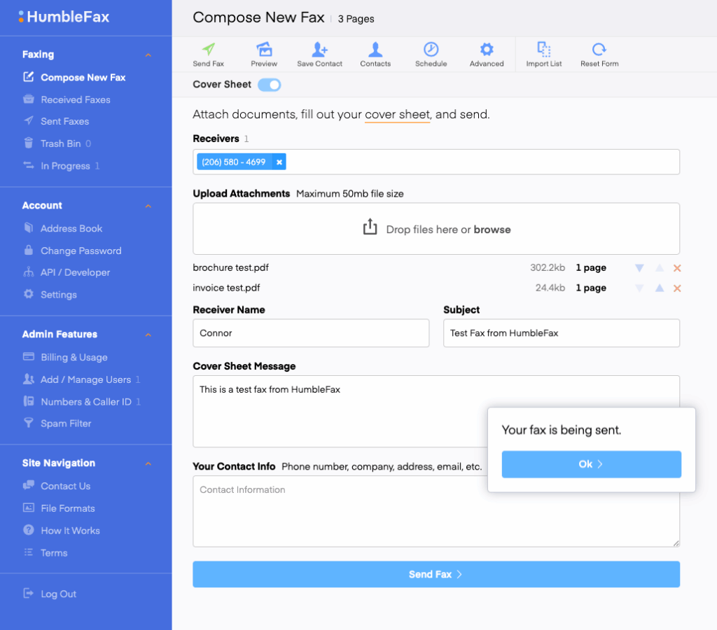 humble fax web interface for sending a fax