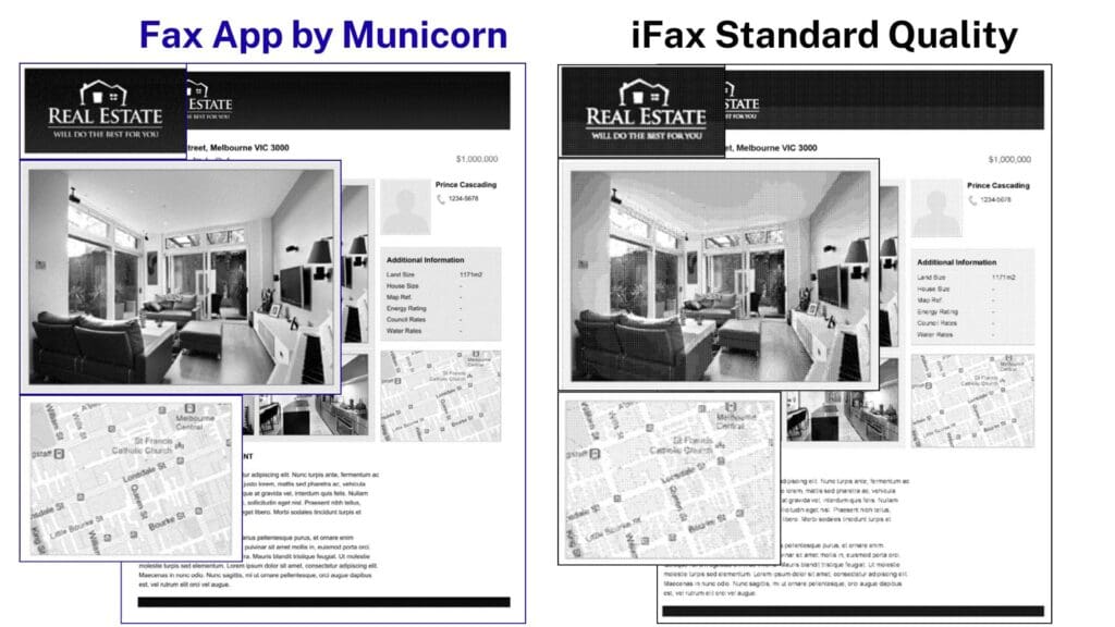 The same brochure page sent through iFax standard quality and through Municorn Fax