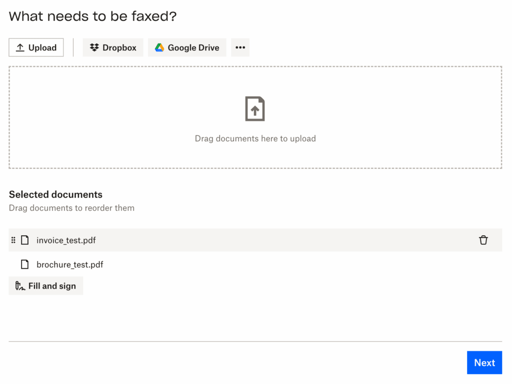 dropbox fax interface for uploading documents 