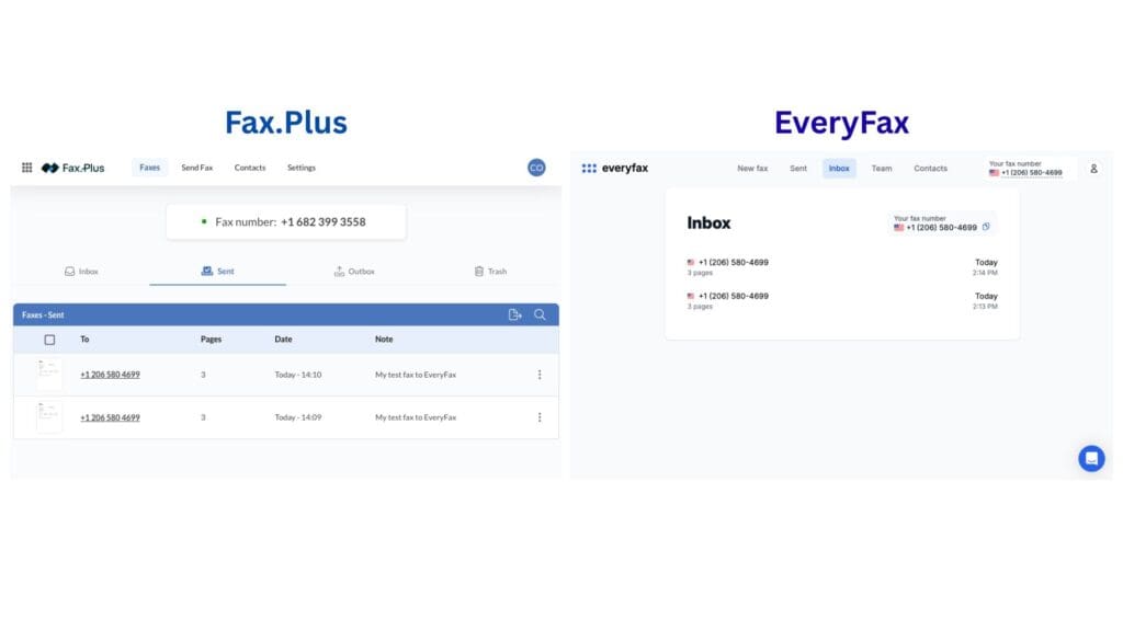 EveryFax and Fax.Plus receive fax interface screenshots side by side