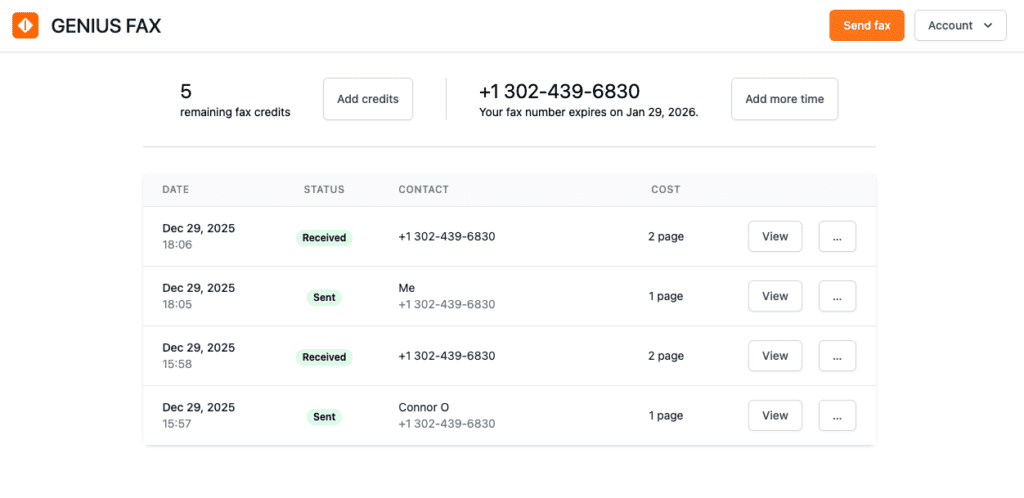 genius fax interface screenshot