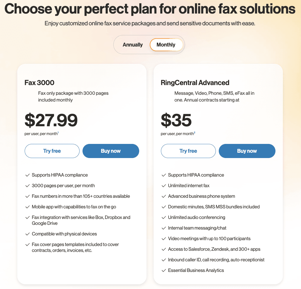RingCentral pricing comparison showing Fax 3000 at $27.99 per user/month and RingCentral Advanced at $35 per user/month