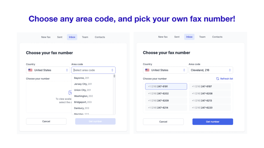 EveryFax interface for choosing a fax number by country and area code