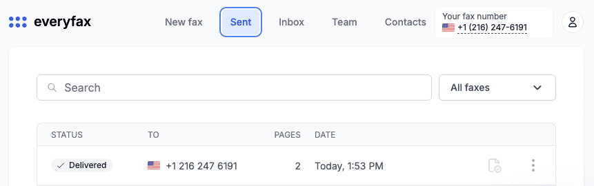 EveryFax dashboard showing a sent fax with Delivered status
