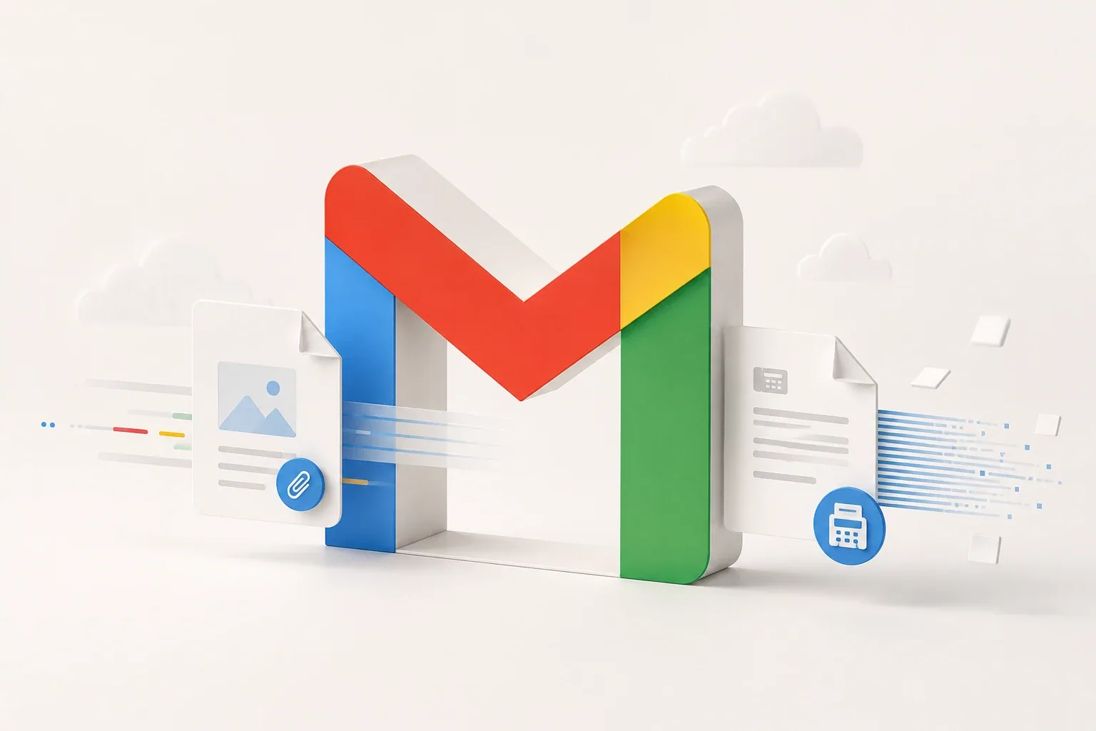 A large Gmail envelope acts as a digital gateway, transforming attached documents into fax-style transmission lines and a final outgoing page.