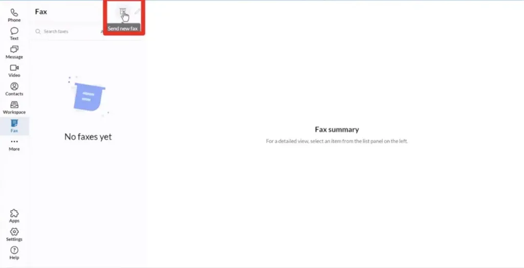 RingCentral app Fax module with the Send new fax button highlighted in the top toolbar