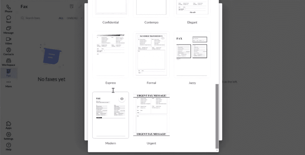 RingCentral fax cover page template gallery showing eight built-in designs: Confidential, Contempo, Elegant, Express, Formal, Jazzy, Modern, and Urgent