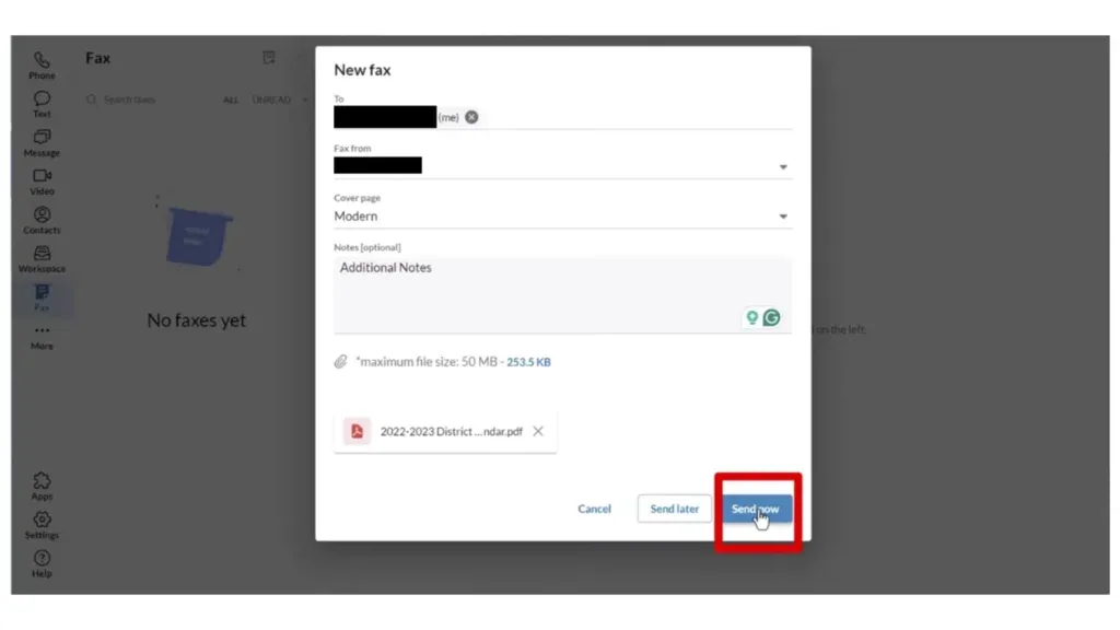 RingCentral new fax dialog with To, Fax from, Cover page, Notes and attachment fields, ending in Cancel, Send later, and Send now buttons