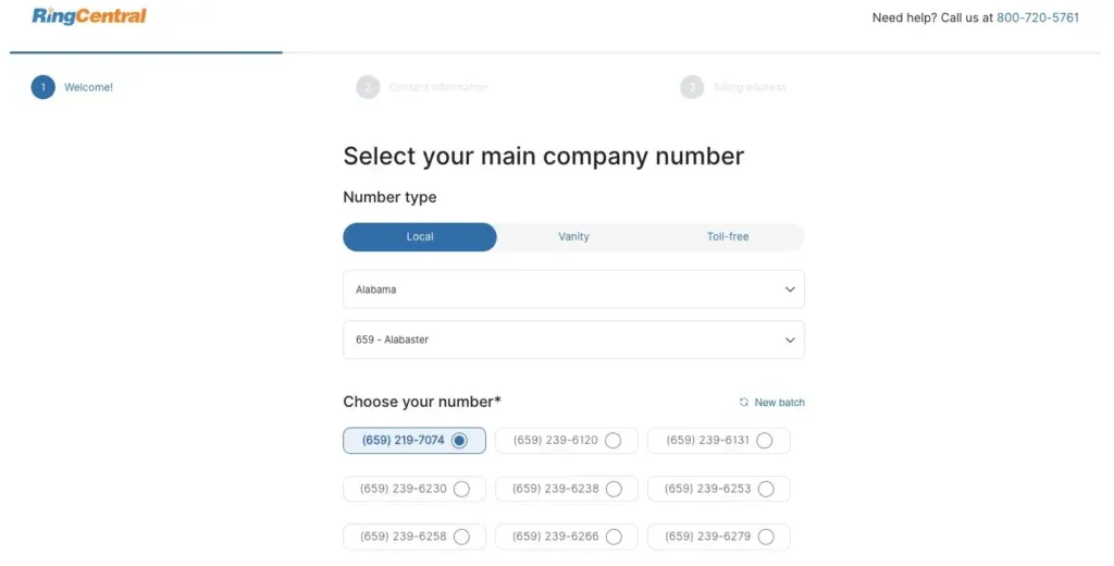 RingCentral sign-up step 1 showing the fax number selection screen with Local, Vanity, and Toll-free tabs and a state/area code picker