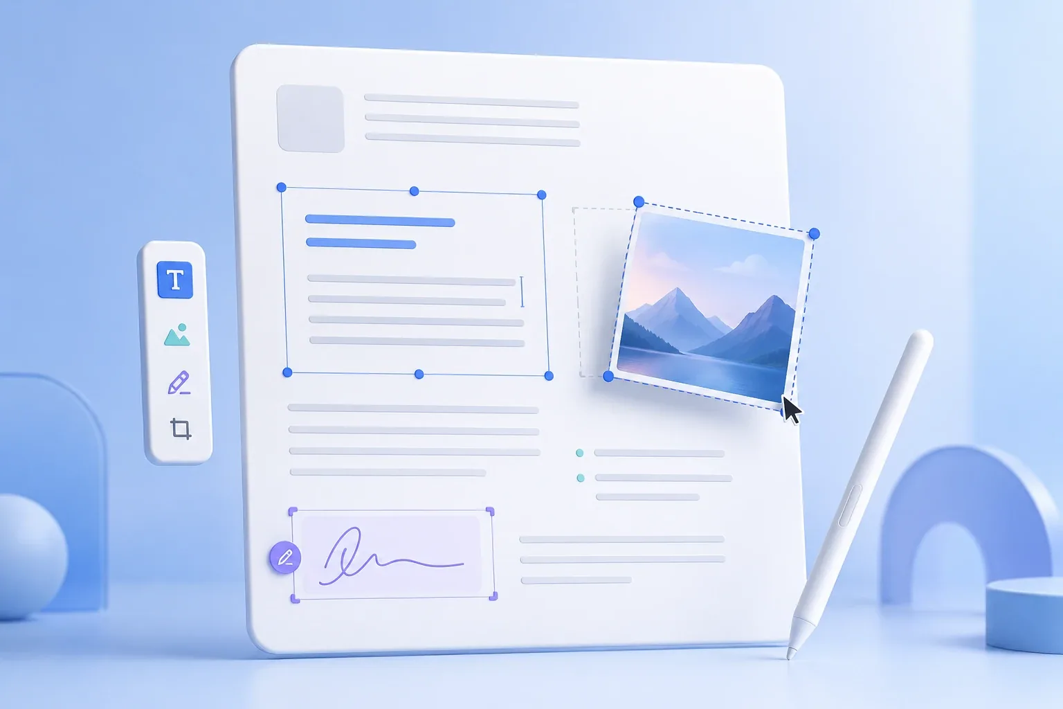 PDF document being edited with text, image, signature, and layout tools in a modern blue 3D illustration.