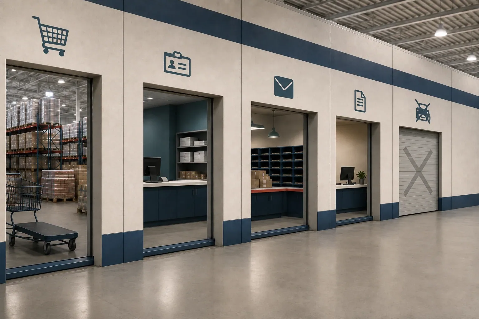 Warehouse-style service corridor with five bays, including shopping, membership, mail, and document services, while the final fax-related bay is closed and marked unavailable.