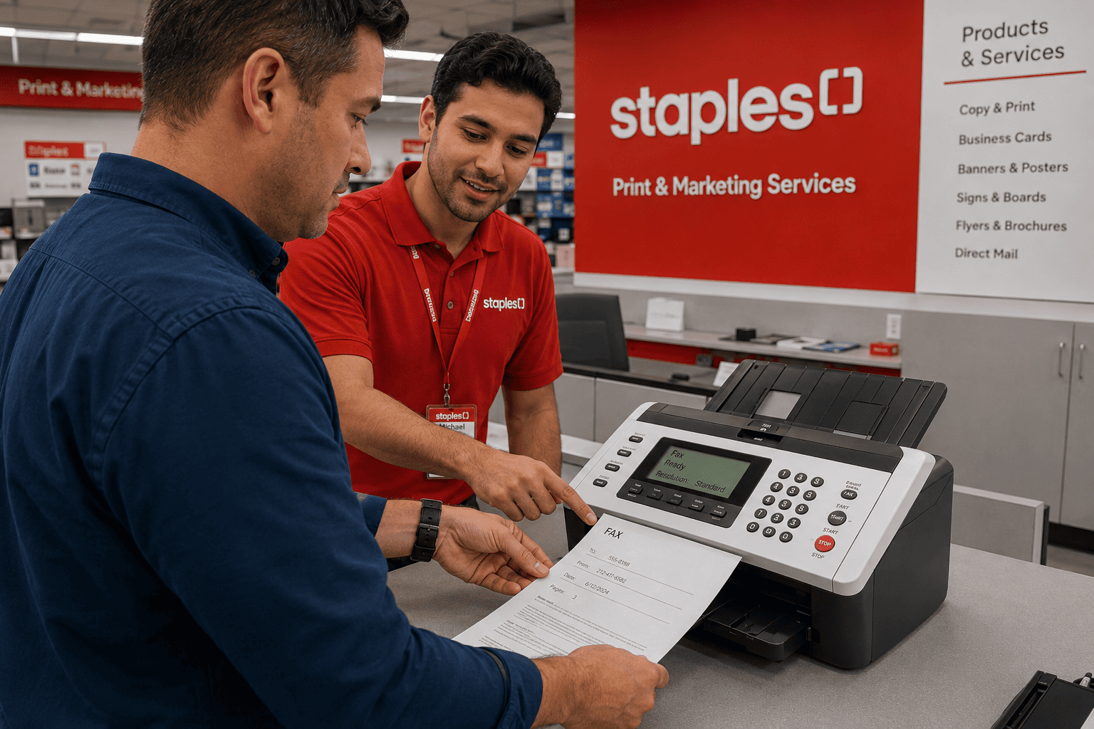 a person faxing at staples with the help of the store's employee