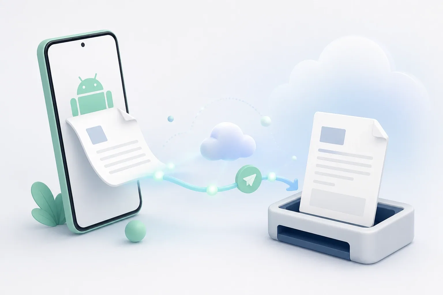 An Android phone sends a document along a soft cloud-based path to a fax tray, illustrating how to fax from an Android device.