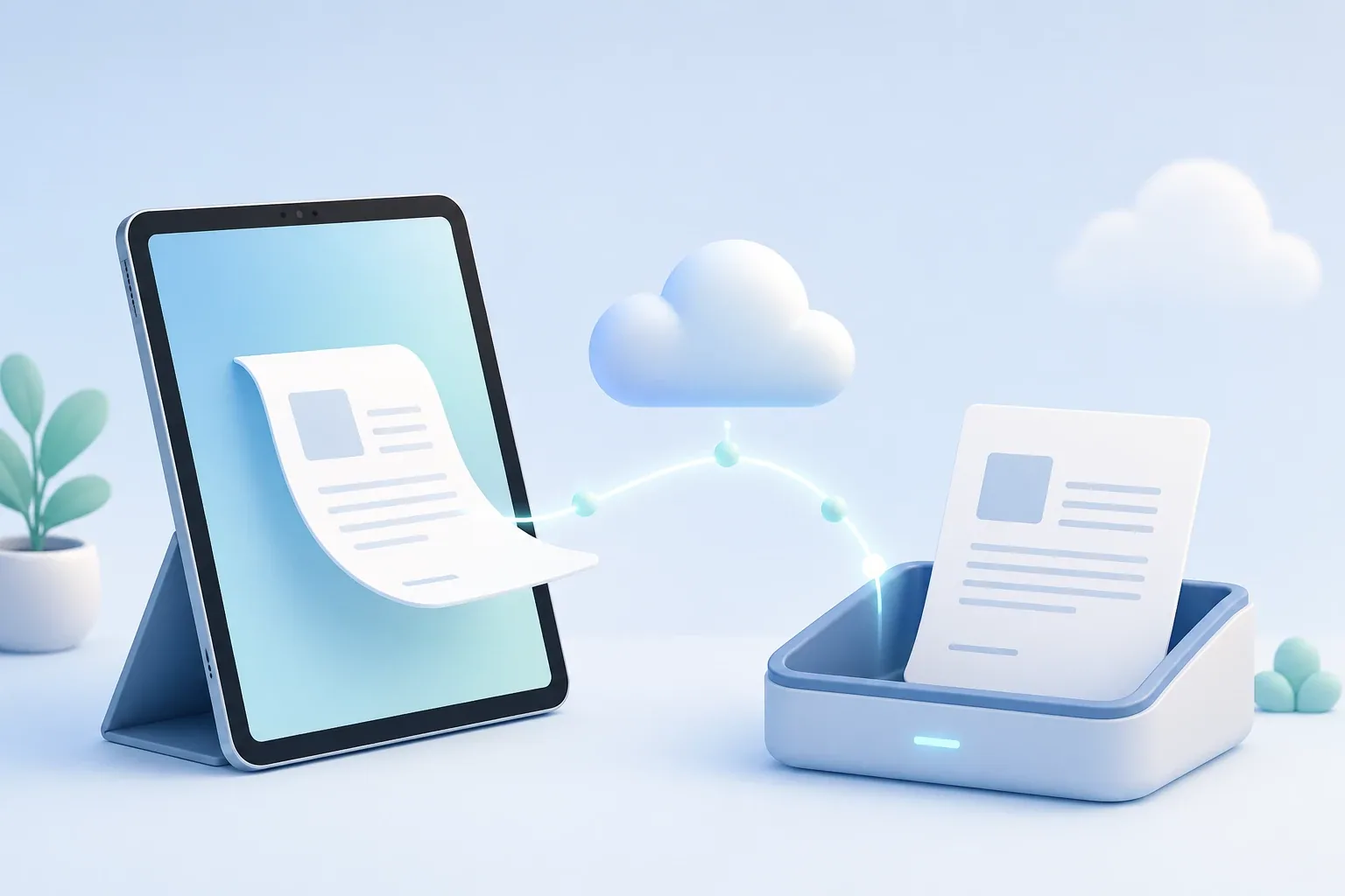An iPad sends a digital document through a cloud connection to a fax tray, illustrating how to fax from an iPad.