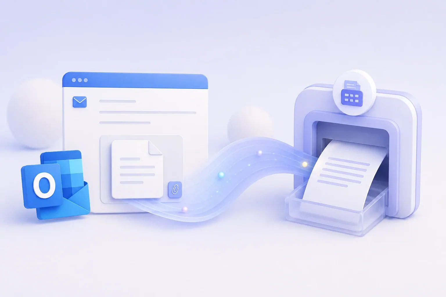 A simplified Outlook-style email interface sends a document through a soft flowing data stream into a fax machine, illustrating faxing from Outlook.