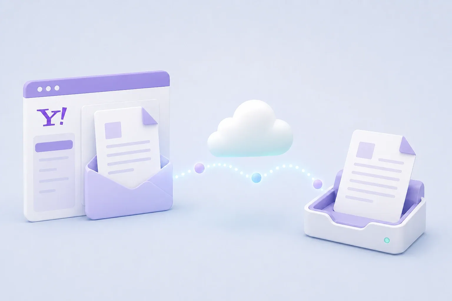 A Yahoo-style email window and envelope send a document through a cloud connection to a fax tray, showing the concept of faxing from Yahoo Mail.