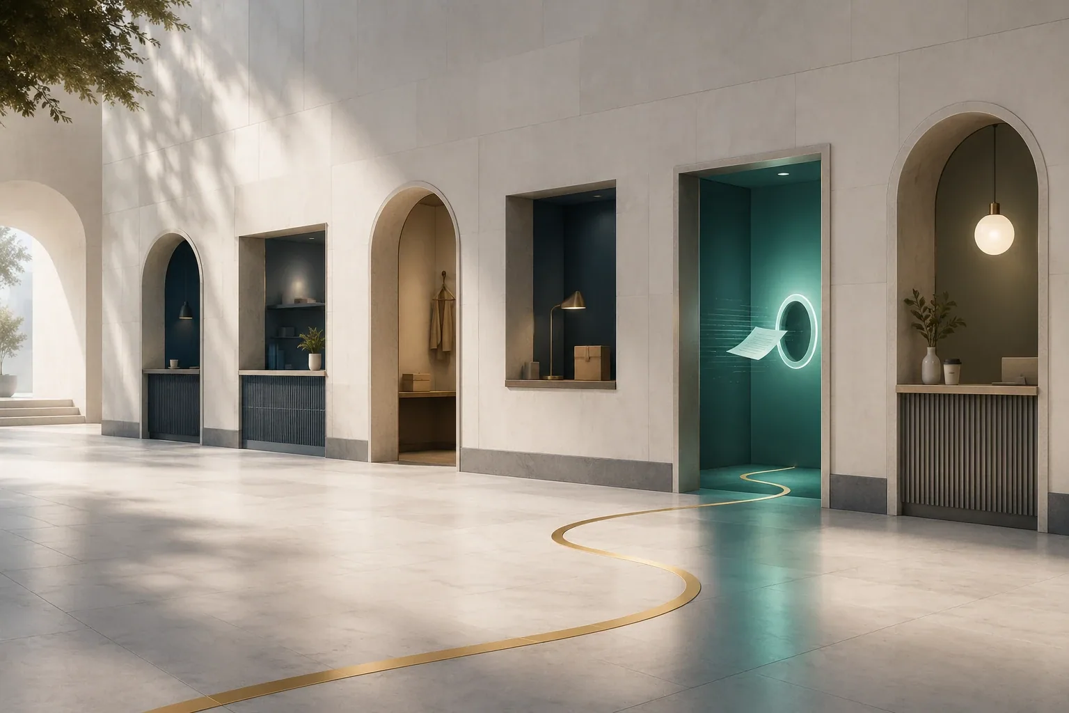 A modern corridor with multiple service doorways, where a gold path leads to a teal-lit portal sending a document through, symbolizing how to find a nearby fax machine.