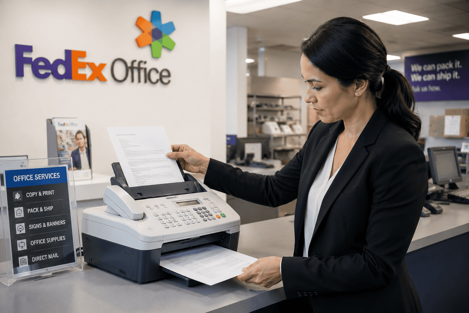 a woman sending a fax at fedex