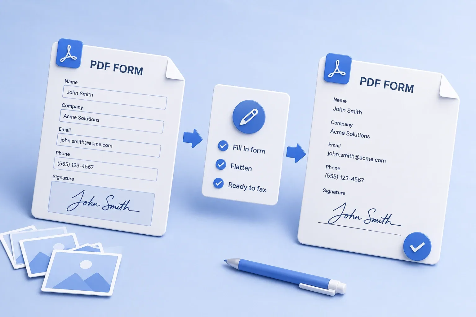 Fillable PDF form being completed and flattened so the entered answers and signature become part of the page before faxing.