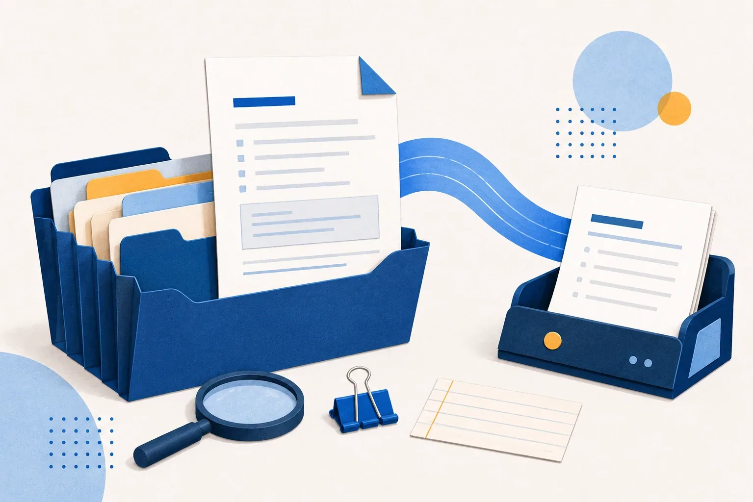 Illustration of tax forms and a calculator with a document flowing into an inbox — fixing an EIN Reference 101 error by faxing Form SS-4 to the IRS.