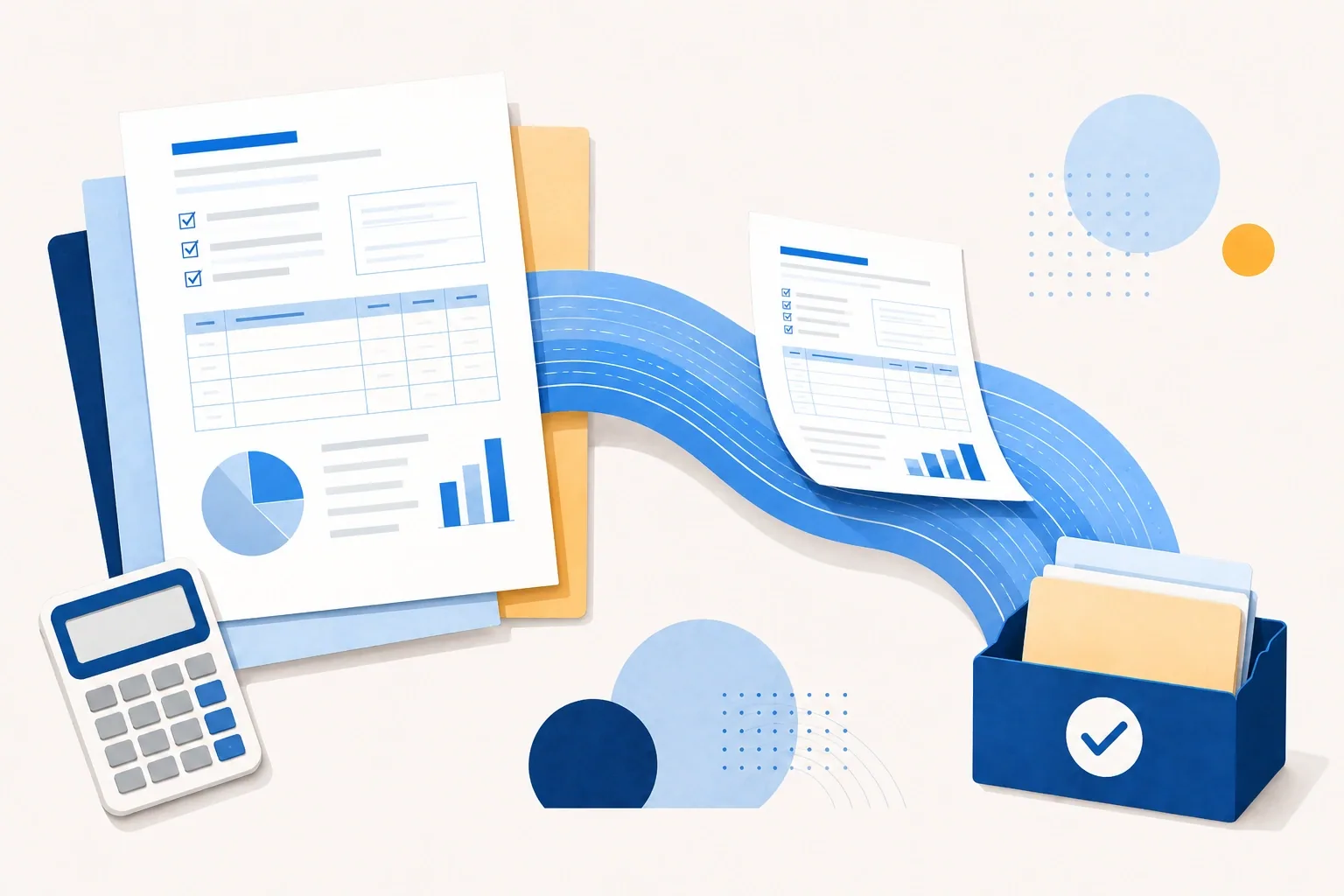 Illustration of tax forms and a calculator with a document flowing into an inbox — faxing Form 4506-C for an IVES transcript request.