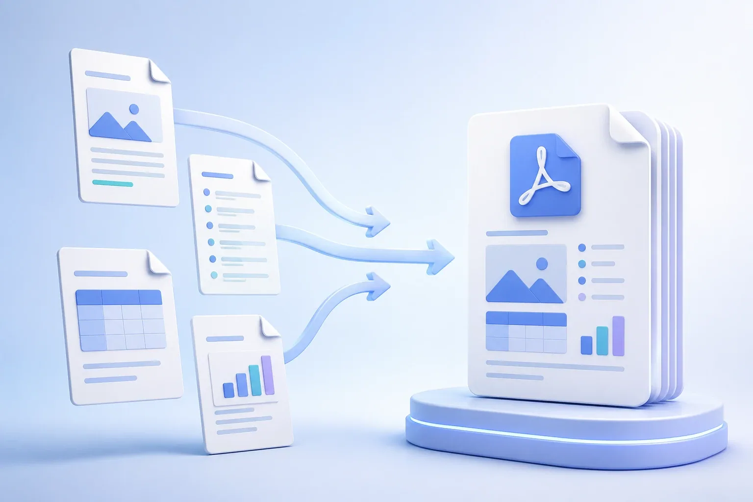 Multiple document pages merging into one PDF file in a clean blue 3D illustration.