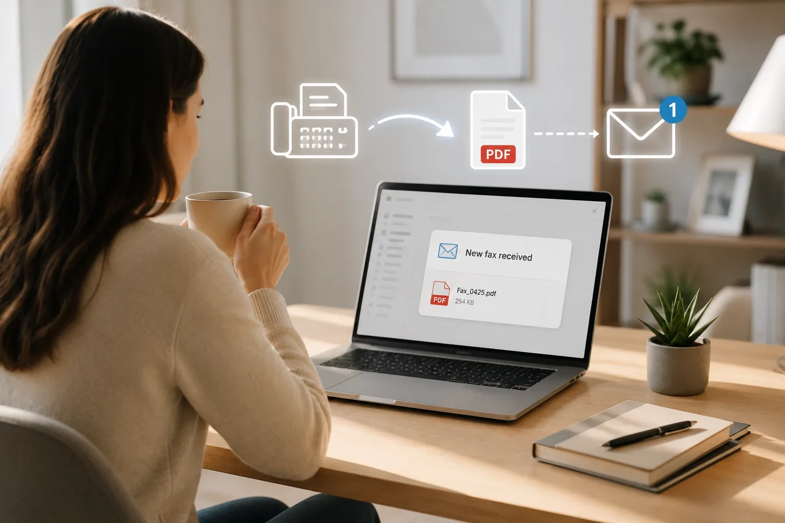 A fax arriving as a PDF in an email inbox on a laptop