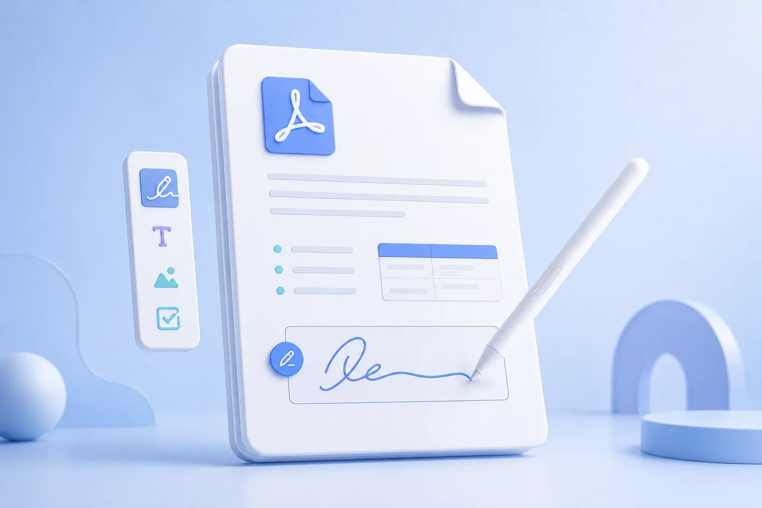 PDF document being signed electronically with a digital pen in a clean blue 3D illustration.